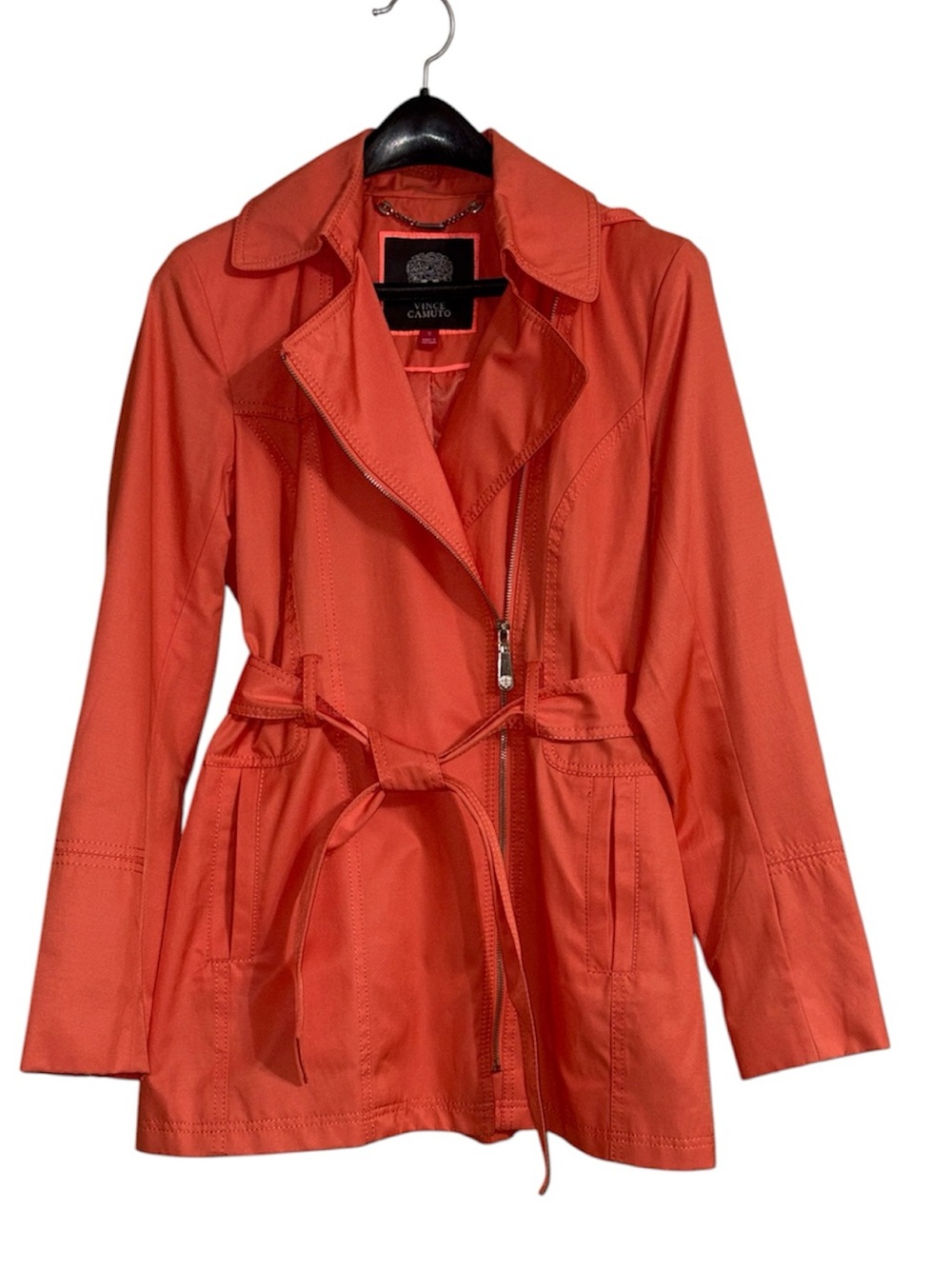 Vince Camuto Coral-Orange Belted Trench Coat with Removable Hood
